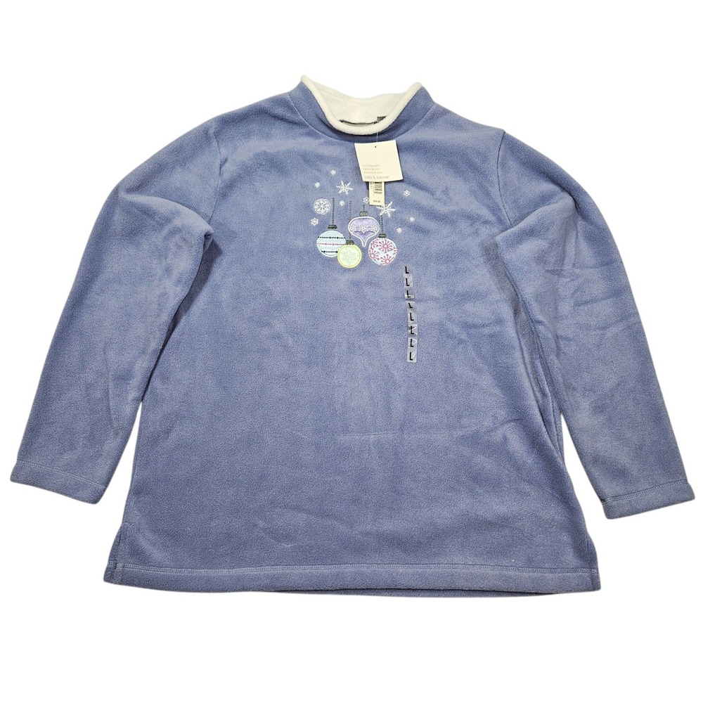 Croft & Barrow Christmas Ornament Fleece Pullover Sweatshirt Peri Blue Sz L